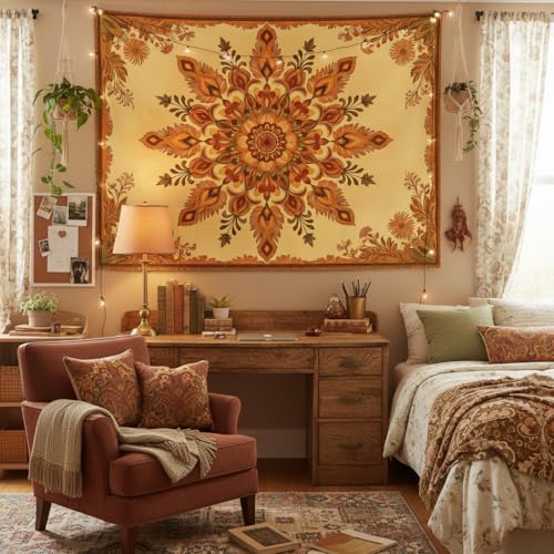 Motanber Boho Mandala Floral Tapestry Wall Hanging Bohemian Orange Yellow Flower Tapestry Aesthetic Vintage Sunflower Indian Cute Small Tapestries for Bedroom Living Room Dorm Decor 60 x 44 Inch - color: Orange Yellow, size: 60"L x 44"W