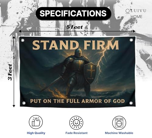 3x5 Feet Motivational Christian Flag Image Knight with Quote "Stand Firm – Put On the Full Armor of God" with 4 Brass Grommets - Single Sided Flag for Home Decor - Polyester Cool Tapestry for Bedroom