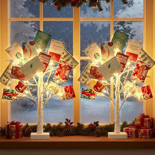 EAMBRITE Money Tree Gift Holder, Gift Card Tree 2FT 24LED, Lighted Birch Trees Battery/USB Powered Timer Photo Display with 24 Clips and 12 Cards for Home Graduation Christmas Picture Memo 2 Pack - style: Money Tree x2