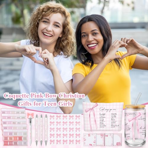 Watersay 64 Pcs Coquette Pink Bow Gift for Women Christian Pink Bow Birthday Gifts Baskets 16 oz Tumblers Preppy Makeup Bag Multicolor Ballpoint Pen Sticky Notes Stickers for Her Friends Sisters - style: Pink Bow