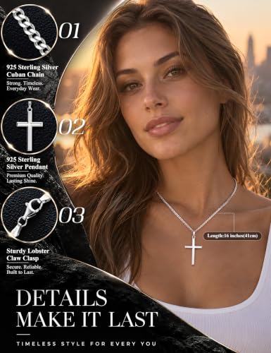 MILACOLATO Solid 925 Sterling Silver Cross Necklace for Men Women 16-24 in - color: Sterling Silver Cuban Chain, size: 16 in=41 cm