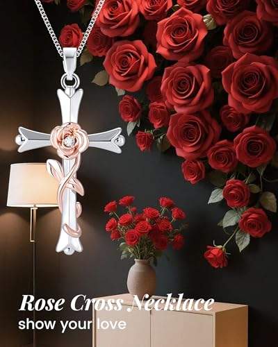 ACECHA Silver Cross Necklace for Women, Crosses Pendant with Birthflower - color: Rose-Love