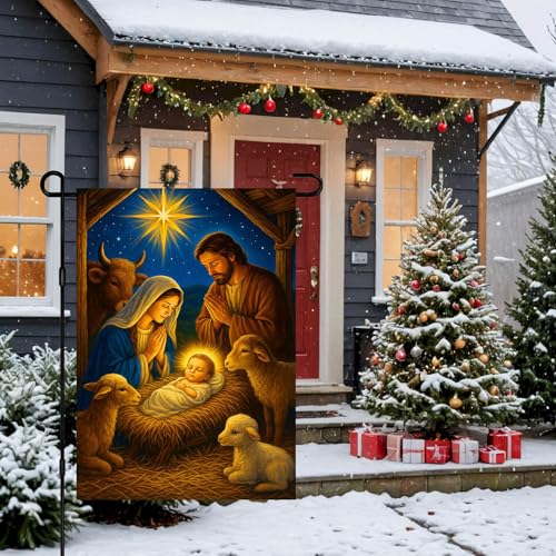 IVN Merry Christmas Nativity Garden Flag 12x18 Inch Double Sided - color: Holy Family Manger
