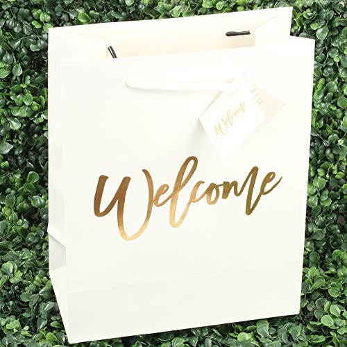 Andaz Press Large White Gold Foil Stamped Welcome Bags for Guests, Bulk Set of 25 Hotel Guests Gift Bags, Church, Destination Wedding, Includes White Tissue Paper and Wedding Welcome Bag Notes