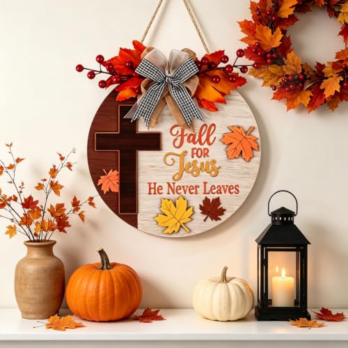 HOURIA 3D Fall for Jesus He Never Leaves Door Decor(11.4"x11.4"),Rustic Autumn Maple Leaf Fall Wreaths Sign,Farmhouse Christian Faith Wall Decor for Home Entryway Church Indoor Outdoor - color: 3d Fall for Jesus Cross Sign