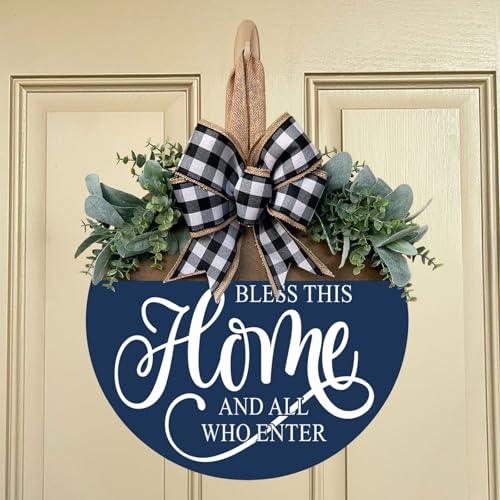Bless This Home Welcome Sign for Front Door, Rustic Wood Wall Decor Porch Wreaths Hanging Door Decorations for Home Outdoor for Spring Summer Fall All Seasons Holiday - color: Blue-12 Inch