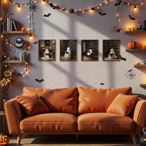 DOFQZ Halloween Ghost Reading Book Wall Art Prints Set of 4, Halloween Room Decor, Vintage Dark Academia Spooky Ghost Black Cat Posters for Bedroom Living Room Decor, 8x10 Unframed - color: 02Child, size: 8*10