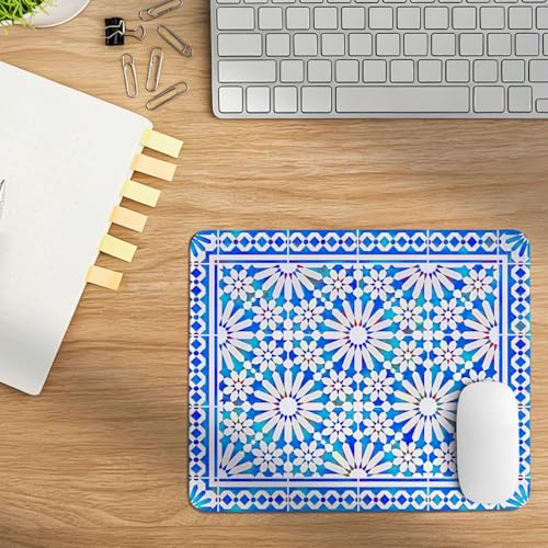 Vintage Blue and White Flowers Mouse Pad, Moroccan Islamic Style Symmetrical Aesthetic Plant Desk Pat for Computers Laptop,Retro Boho Floral Desk Mat for Office Home Dorm Decor,10.2x8.2Inch - color: Blue Geometry