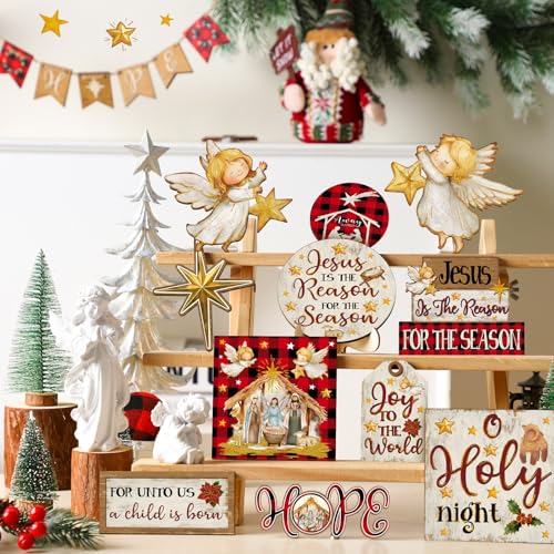 Vercraft Christmas Tiered Tray Decor Xmas Wooden Table Decor, Nativity - style: Nativity Scene