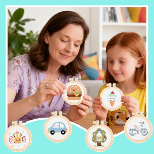 57lilina Easy Embroidery Kit for Kids Beginners, 6 Set Cute Stamped Pattern - color: Tree+Bicycle+Ice Cream+Burger+Car+Candy