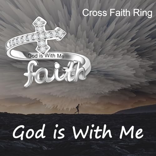 Helonley Cross Faith Ring for Women - 925 Sterling Silver Inspiration Rings - style: God is With Me