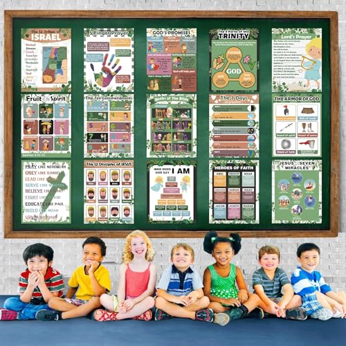 15Pcs Bible Posters for Classroom Sunday School Wall Decor Greenery Christian Books of The Bible Verse Eucalyptus Ten Commandments Poster Set Religious Scripture VBS Bulletin Board Decor(14 x 11in)