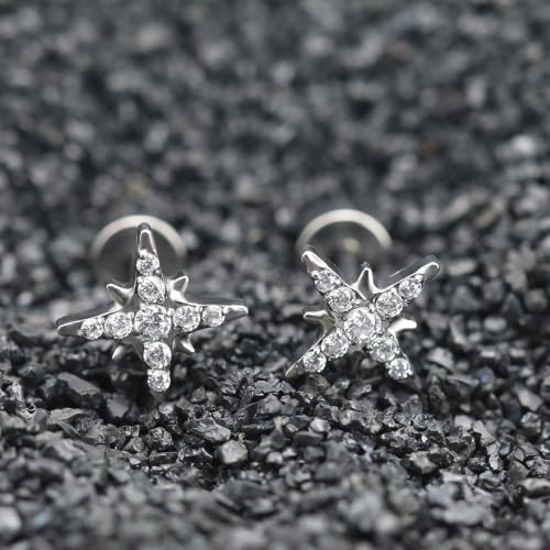 XUU 20G Flat Back Stud Earrings ASTM F136 Titanium & Sparkling CZ - color: silver cross star