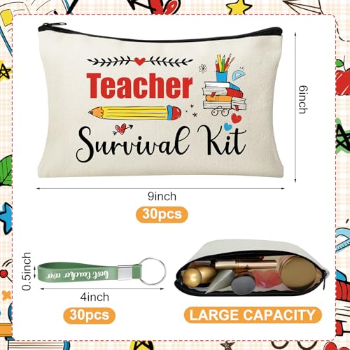 60pcs Teacher Appreciation Gifts Set,Teacher Survival Kit Canvas Makeup Bags for Women, Silicone Keychain Pouch Cosmetic Bag Travel Toiletry Bag for Thank You Gift - style: Teacher 60pcs