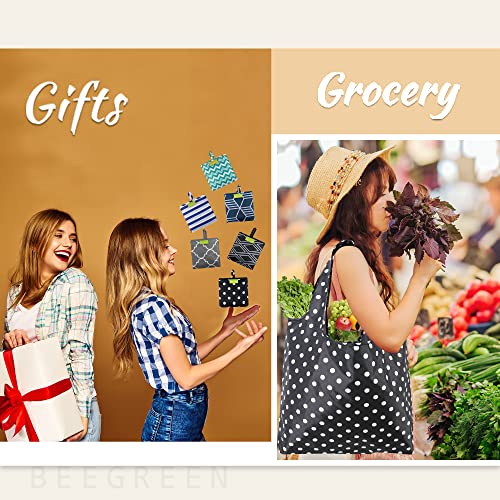 BeeGreen Grocery Bags | Reusable Gift Bags, Large Tote for Women & Foldable Beach Bag - 6 Pack Reusable Bag With Handles | Collapsible Cute Cloth Storage for Market, Holiday & Shopping | Washable - color: A-geometric-black Gray Purple Navy Teal Brown