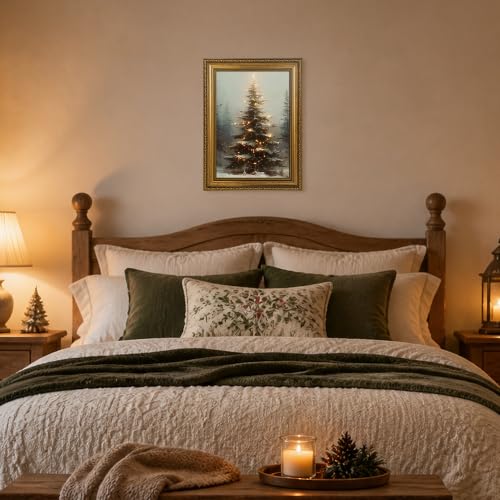 Fantasy Artists Christmas Framed Canvas Wall Art, Lighted Christmas Tree in Snowy Forest Gold Frame Print, Vintage Winter Holiday Decor for Living Room Bedroom Entryway, Ready to Hang, 12" Wx16 H - color: Christmas tree, size: 16"L x 12"W