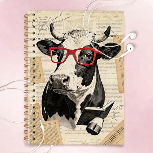 Funny Vintage Cow Reading Book Spiral Notebook for Women & Teen Girls, Retro Farmhouse Journal with Red Glasses, 5.5x8.3 Inch Lined Notebook for School, Office, Writing & Gifts - color: Vintage Cow Reading