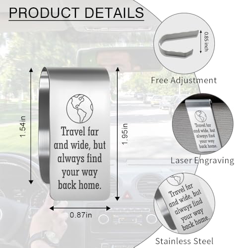 Travel Far and Wide But Always Find Your Way Back Home Engraved Stainless Steel Car Visor Clip, Inspirational Safe Driving Gifts for Family Friend Driver, Travel Visor Car Accessories - color: silver039