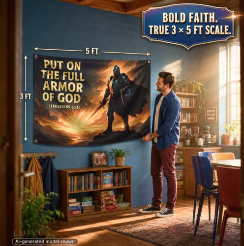 3x5 Feet Religion Flags with Quote "Put on the Full Armor of God" with Four Brass Grommets - Single Sided Christian Easter Decorations Poster - Polyester Funny Tapestry for Sunday School