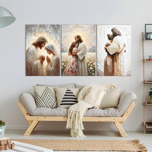 Set of 3 Framed Canvas Wall Art Jesus Embrace Praying for Jesus Divine Blessings Religious Artworks Christian style Wall Decor Paintings HD Print Posters for Bedroom, Living Room and Church 20x30inch - color: Jesus02, size: 30L" x 20W"