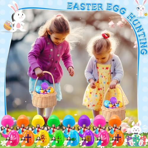 Barydat 120 Pcs Prefilled Jesus Easter Eggs with Little Religious Figurines Resin Toys Miniature Jesus Doll Gifts Eggs for Sunday School Easter Hunt Party Baptism Gift (Religious) - style: Religious