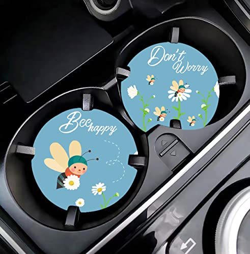 LogHog 2.56" Ceramic Car Coasters - Adorable Bee Design: Don't Worry, Bee Happy - Perfect Auto Cup Holders for Car, Absorbent, Durable - color: Bee