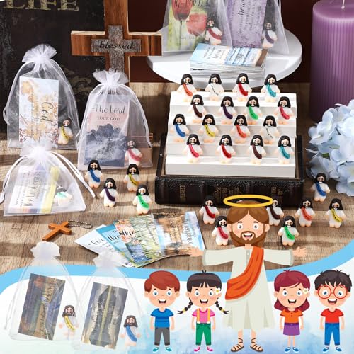 Bememo 50 Sets Christian Gifts Bulk Bible Verse Cards Include Little Jesus Figures Prayer Cards and Organza Bags for Religious Party Favors Sunday Baptism Gifts(Landscape Style,Bright) - color: Bright, style: Landscape Style