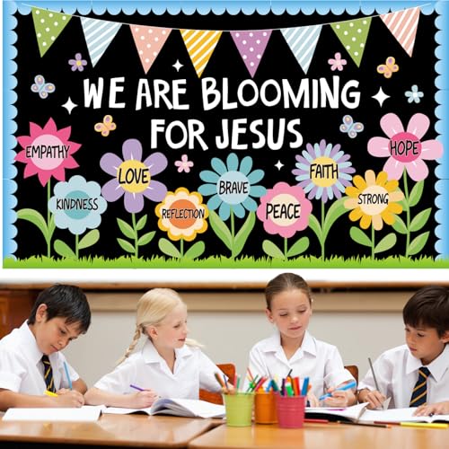 Religious Christian Bulletin Board Sets Sunday School Decoration for Classroom Church Positive Floral Bulletin Board We are Blooming for Jesus Paper Cutout for Back to School Christian Summer Decor