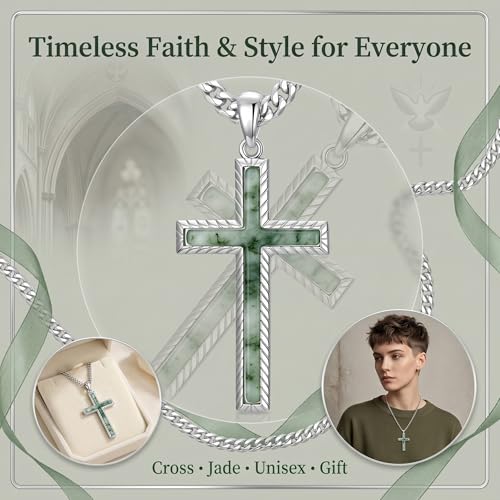 MRENITE Silver Natural Stone Cross Necklace, Classic Latin Cross Pendant Necklace for Unisex Women Man, Vintage Crystal Quartz Cross Necklace with 20+2 Inches Adjustable Cuban Chain - style: Moss Agate
