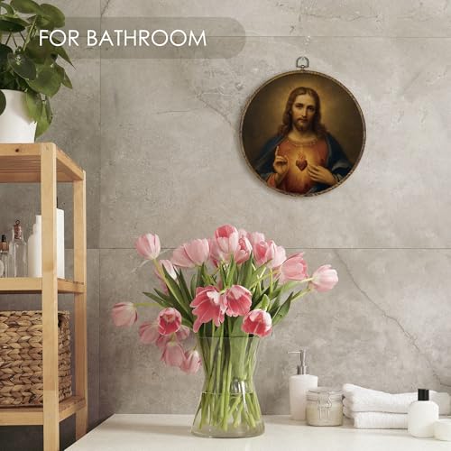 Fewgb Catholic Sacred Heart of Jesus Round Wall Art Decor Framed, Vintage Christian Canvas Wall Art Prints Picture, Dark Religious Hanging Room Decor Artwork for Church Gallery Bedroom 10x10 - color: jesus-05