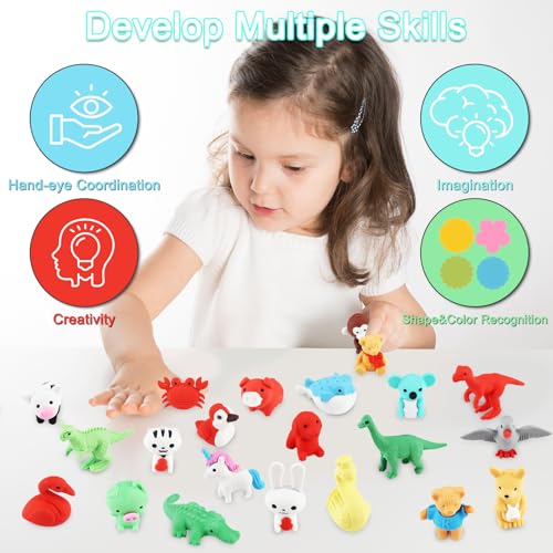 URSKYTOUS 80Pcs Animal Erasers Kids Desk Pets Pencil Erasers 3D Puzzle Eraser Bulk Fun Cute Mini Animal Eraser Toys for Classroom Rewards, Game Prizes, Treasure Box, Easter Egg Fillers - style: 80Pcs