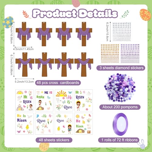 Funrous 48 Sets Crafts Kit Paper Crafts DIY Make Your Own Hanging Ornaments with Pompoms Diamond Stickers for Holiday Classroom Activities Party Favors, Easter Jesus - style: Easter Jesus