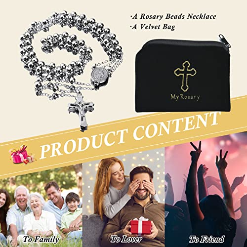 30" Stainless Steel Rosary Beads Necklace 6mm Silver Color with Jesus Christ Crucifix Cross Daily Prayer Baptism Confirmation Christmas Gift
