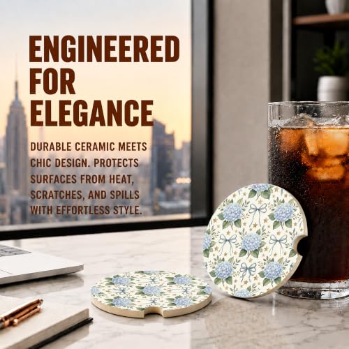 Blue Hydrangea Bow Coquette Car Coasters, Retro Floral Cup Holders, 22 - color: Blue Hydrangea Bow