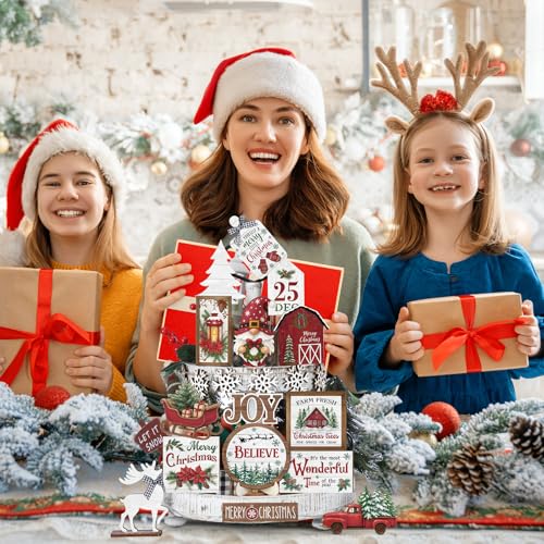 Vercraft Christmas Tiered Tray Decor Xmas Wooden Table Decor, Wonderful - style: Wonderful