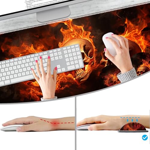Extended Non-Slip Mouse Pad + Mouse Wrist Rest + Lace-Shaped Coaster Set, Ergonomic Design, Suitable for Desk and Home Gaming Table Mat, Fire Skulls - color: Fire Skulls