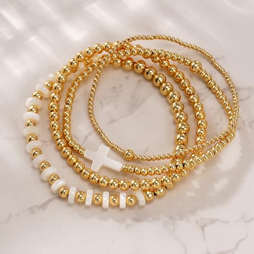 Gold Beaded Bracelets Stack for Women Stackable 14K Gold Plated Beads Ball Cross Bracelet Boho Christian Jewelry Faith Friendship Birthday Gifts for Women - color: 4pcs-White Cross