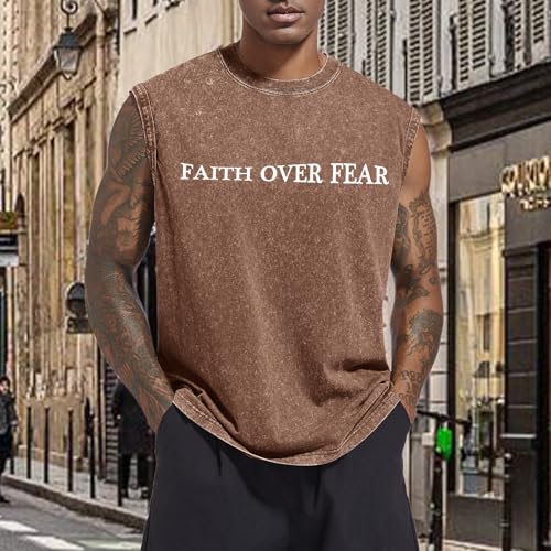 Mens Christian Sleeveless Shirts Faith Over Fear Graphic Tank Tops Gym Workout Acid Wash Tanks Cut Off Muscle Shirt - color: Coffee, size: Small