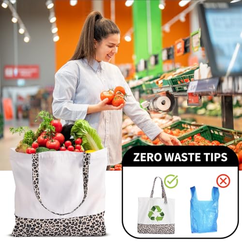 6-Pack Canvas Tote Bags with Zipper, Large Grocery Tote, Leopard Print - color: Leopard Print/White