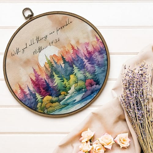 GTYNU Watercolor Forest Christian Round Wall Art Decor,Inspirational Bible Verse Canvas Prints Framed,matthew 19:26 Scripture Circle Wall Hanging Decorations for Home Bedroom Living Room, 10x10 Inch - color: Decor 05a