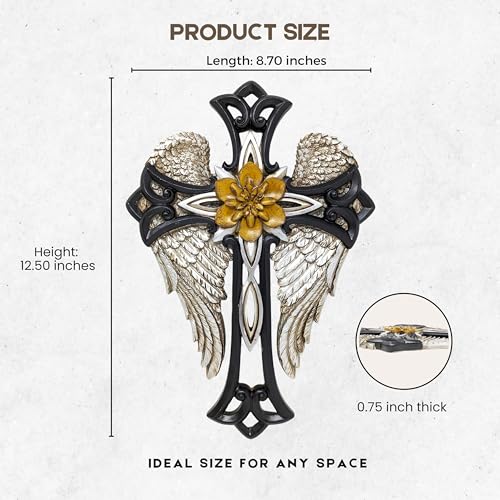 Angel Wings Cross with Flower - Decorative Resin Wall Cross Crucifix Plaque
