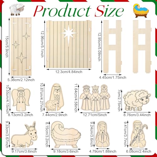 MiniInflat 12 Pcs Christmas Wooden Nativity Set to Paint Scene Coloring Craft DIY Unfinished Nativity Ornament Color Your Own Wood Set for Kids Gift Christian Religious Table Decor