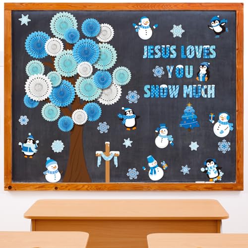 Gersoniel 79 Pcs Winter Bulletin Board Decorations Jesus Loves You Snow Much Classroom Decor 3D DIY Christmas Tree Paper Fans Snowman Snowflake Penguins Cutouts for Winter Xmas Home School Wall Decor - style: Winter