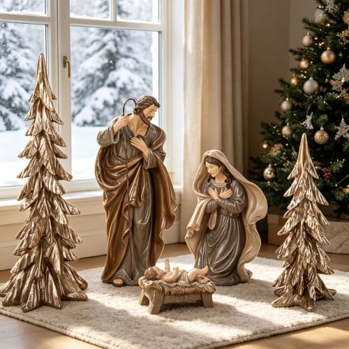 Glitzhome 5-Piece Resin Nativity Set, Brown Resin Holy Family with Christmas Trees, Nativity Figurines Sets for Christmas Indoor Mantels, Tabletops Decorations - color: Brown
