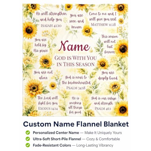 Custom Name Sunflower Christian Blanket for Women, God is with You Scripture Throw Blanket, Personalized Faith Gift for Mom Daughter Sister Friend, Sympathy Birthday Christmas Baptism Gift - color: Background Pattern 1