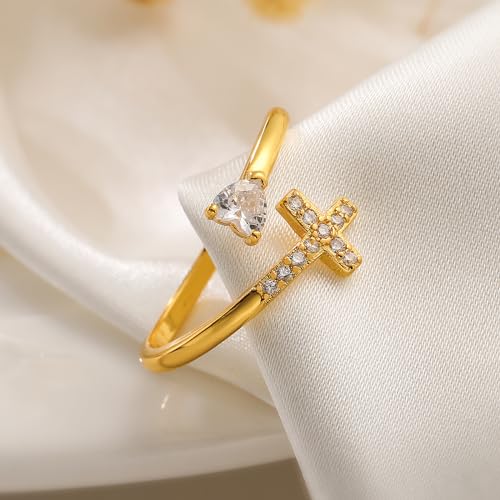 14K Gold Plated CZ Cross Heart Ring Eternity Promise Jewelry for Her - style: Heart Cross