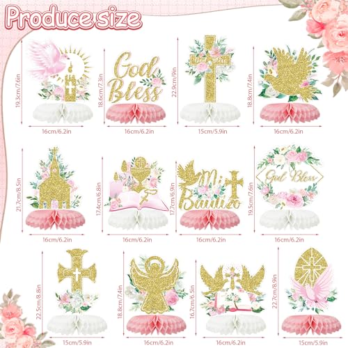 12Pcs Baptism Honeycomb Centerpieces Party Decor,Pink God Bless Cross Religious Baptism Table Centerpieces for Baby Shower First Communion Birthday Party Decorations (pink god) - color: Pink God