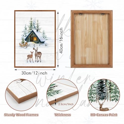LHIUEM Walking In a Winter Wonderland Christmas Wall Art Set of 3(12”X16”) Cottage House Reindeers Canvas Art Prints Winter Wonderland Merry Christmas Decorations Snow Tree Forest Wall Decor for Home - color: Christmas 2