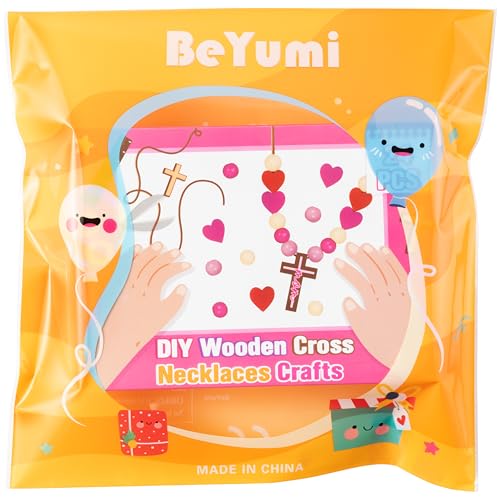 BeYumi Mother's Day Necklace Craft - 24Pcs Mother's Day DIY Wooden Cross Beads Necklace Craft Kit for Kids to Mom Gift Christian Religious Decor Family Sunday School Classroom Party Fun Activities - style: Mom
