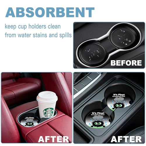 Ceramic Car Cup Holder Coasters Set of 2, 2.56 in Little Monster - color: Rainy Day Little Monster